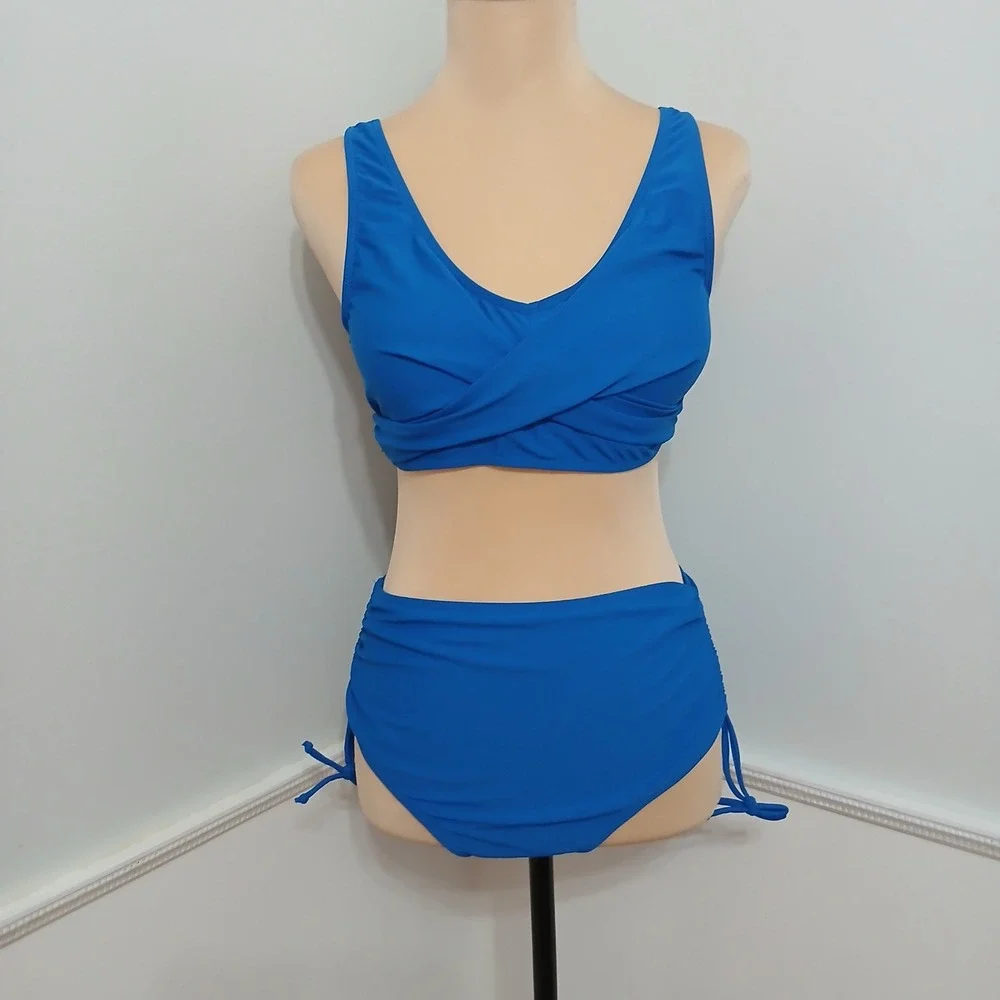 Blue High Waisted Bikini Set Crossover V-Neck Ruched Side Tie Swimsuit Medium‎